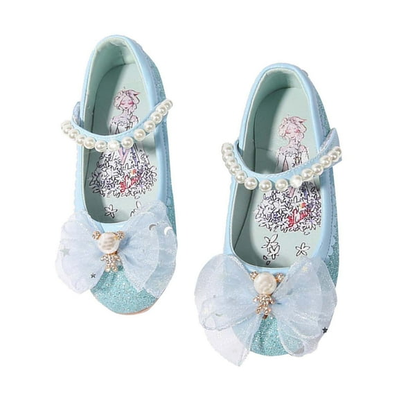 Otqutp Children Breathable Shoes Children's Leather Shoes Female Spring and Autumn Princess Shoes Glitter Blue Flat Single Shoes