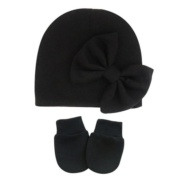 Otqutp Children Cute Mittens and Caps for Baby Girls Set Hospital Hat Autumn Winter Warm Beanie Hats with Bow for 0-3Months(Black,0-6Months)