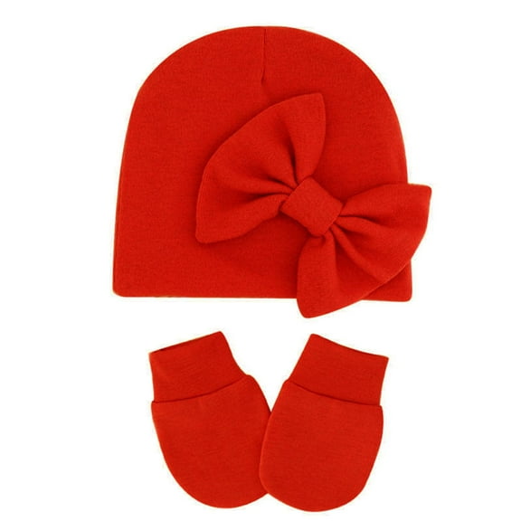 Otqutp Children Cute Mittens and Caps for Baby Girls Set Hospital Hat Autumn Winter Warm Beanie Hats with Bow for 0-3Months(Red,0-6Months)