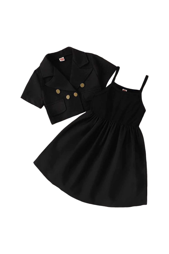 Children Down Coats Summer Toddler Girls Short Sleeve Solid Colour Suit Jacket Suspender Dress Two Piece Outfits Set for Kids Clothes(Black,4-5 Years)