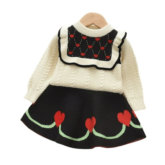 Otqutp Children Girls Knitted Pullovers Kids Babys Toddlers Girls Spring Winter Knit Sweater Thick Long Sleeve Skirts Set Outfit Clothes for 3-8 Years(Black,7-8 Years)