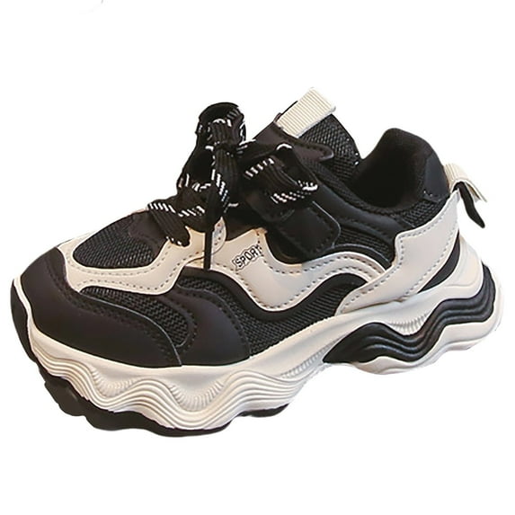 Otqutp Children Soft Bottom Sneakers Girls Boys 2024 Spring and Autumn Fashion Mesh Breathable Shoes Lacing up Sneakers 3-11 Years(Black,9.5-10 Years)