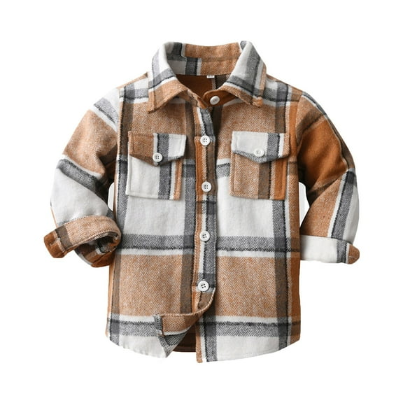Otqutp Children Warm Winter Snow Wear Girls Boys Middle Kids Autumn Plaid Brushed Single Long Sleeve Cardigan Lapel Jacket with Pockets(Khaki,9-10 Years)