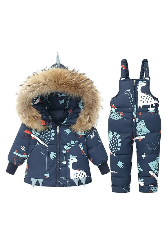 Children's Girls Boys Dinosaur Snow Suit Snow Bib Pants and Zip Hooded Snowsuit 2pcs Set 1-5 Years Boy Jacket Coat(Blue,4-5 Years)