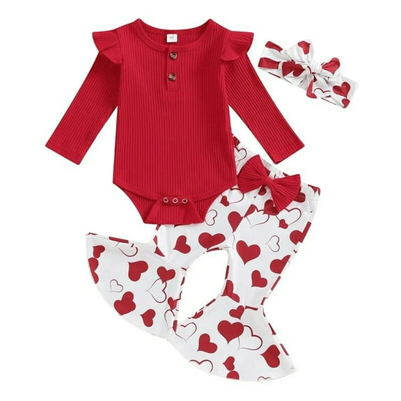 Otqutp Children's Girls Valentine's Day 3 Piece Suit Long Sleeve Love Printed Clothes Set Baby Cute Bodysuit Solid Color Ruffle Back Dress with Hairband(2-Red,0-3 Months)