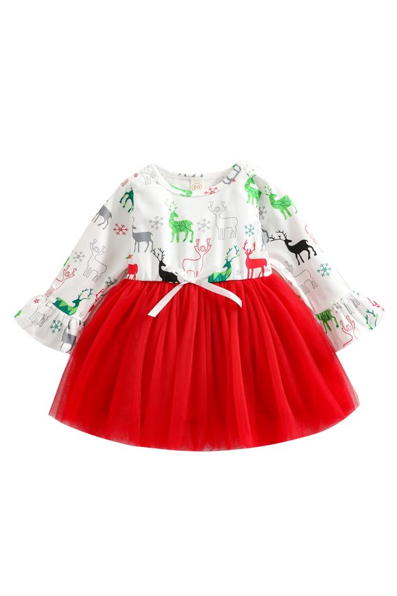 Clearance Dresses Casual Bodysuits Toddler Girls Christmas Long Sleeve Cute Santa Deer Prints Tulle Princess Dress Xmas Party Dresses(White,3-4 Years)