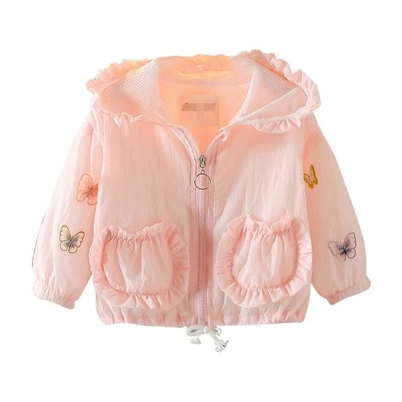 Otqutp Clearance Warm Overcoats Windproof Summer Fashion New Butterfly Print Long Sleeve Hooded Zipper Girls' Sunscreen Coat with Pocket(Pink,4-5 Years)