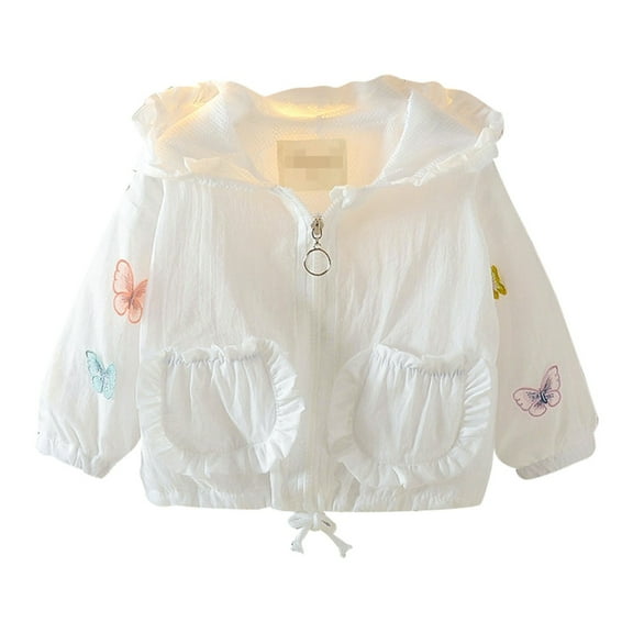 Otqutp Clearance Warm Overcoats Windproof Summer Fashion New Butterfly Print Long Sleeve Hooded Zipper Girls' Sunscreen Coat with Pocket(White,6-12 Months)