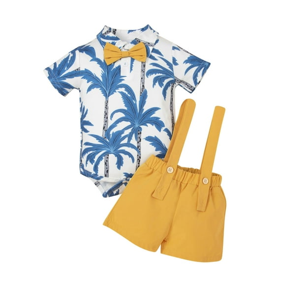Otqutp Clothes Set for Toddler Beach Kids Boy Outfits Clothes Short Sleeve Coconut Tree Prints Bow Tie Romper Suspenders Shorts Pants Set