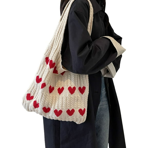Otqutp Crochet Beach Bag for Women Knit Tote Bag Crochet Shoulder Bag Love Heart Pattern Handbags Everyday Knitted Bag for Casual Traveling Hiking(Beige,One Size)