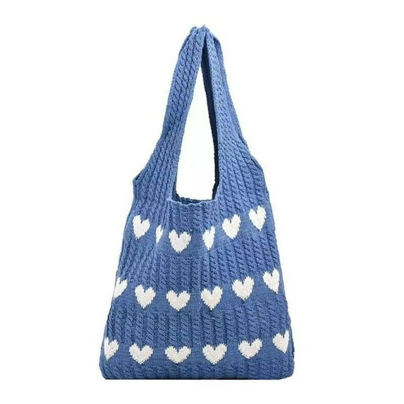 Otqutp Crochet Beach Bag for Women Knit Tote Bag Crochet Shoulder Bag Love Heart Pattern Handbags Everyday Knitted Bag for Casual Traveling Hiking(Blue,One Size)