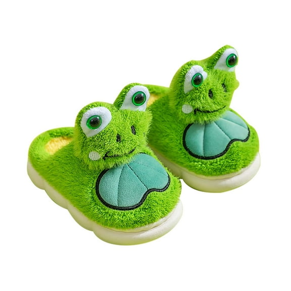 Otqutp Cute 3D Frog Fuzzy Slippers for Toddler Kids Winter Cotton Warm Cozy Plush Sandals Boys Girls House Slide Sandals