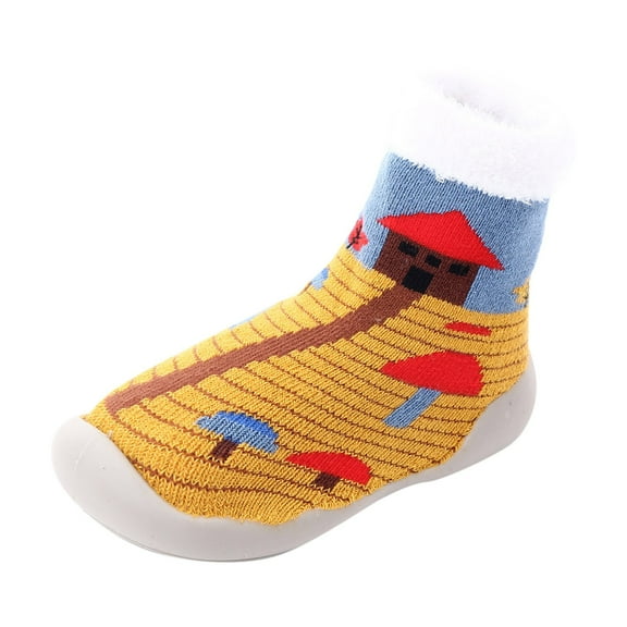 Otqutp Cute Baby Christmas Santa Trees Printed Kids Walking Shoes Animal Knitted Rubber Sole Anti Sock Boots Shoes Crib Sock Shoes First Walking(Yellow,12-18 Months)