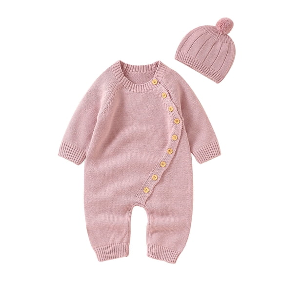 Otqutp Cute Bodysuits for Toddler Boy Girl Solid Knitted Sweater Baby Jumpsuit Romper Cotton Caps Hat Outfits Sets Clothes Elastic Waist 2PCS Fall Winter Clothes