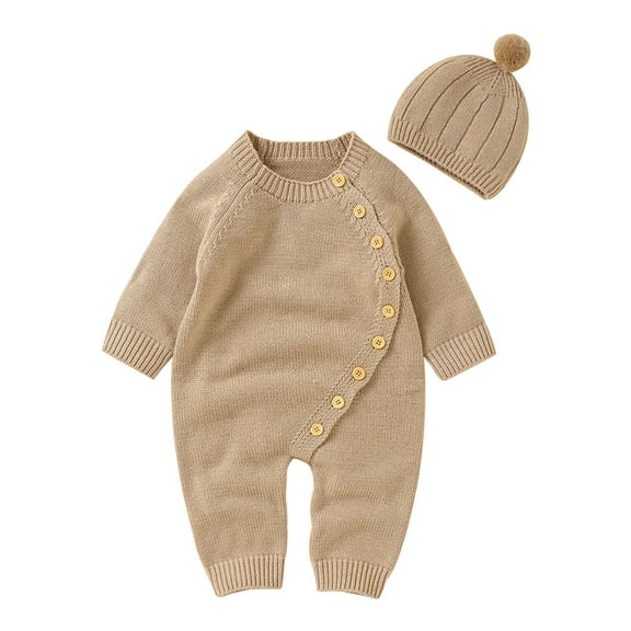 Otqutp Cute Bodysuits for Toddler Boy Girl Solid Knitted Sweater Baby Jumpsuit Romper Cotton Caps Hat Outfits Sets Clothes Elastic Waist 2PCS Fall Winter Clothes