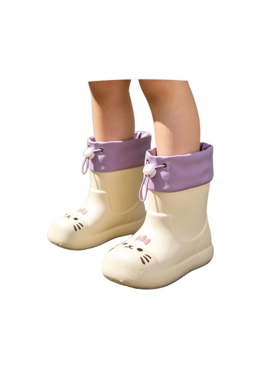Cute Cartoon Cat Kids Rain Boots Cartoon Print Waterproof Rubber Booties Easy-On Handles Rainboots for Boys Girls