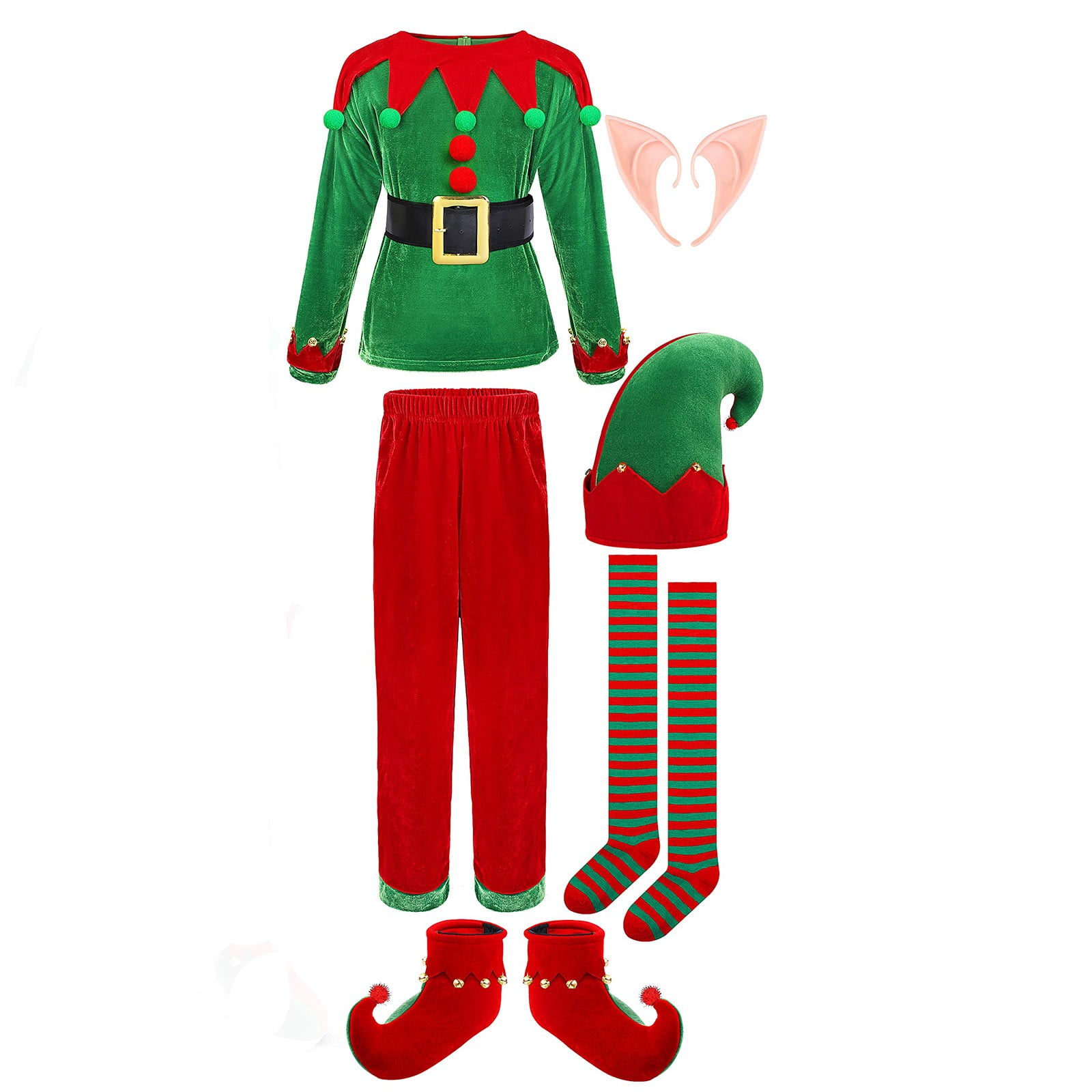 Otqutp Cute Christmas Elf Outfit for Kids Boys Velvet Xmas Long Sleeve Holiday Dress Up Santa's Helper Clothes with Socks Hat 1-12 Years(Green,9-12 Years)
