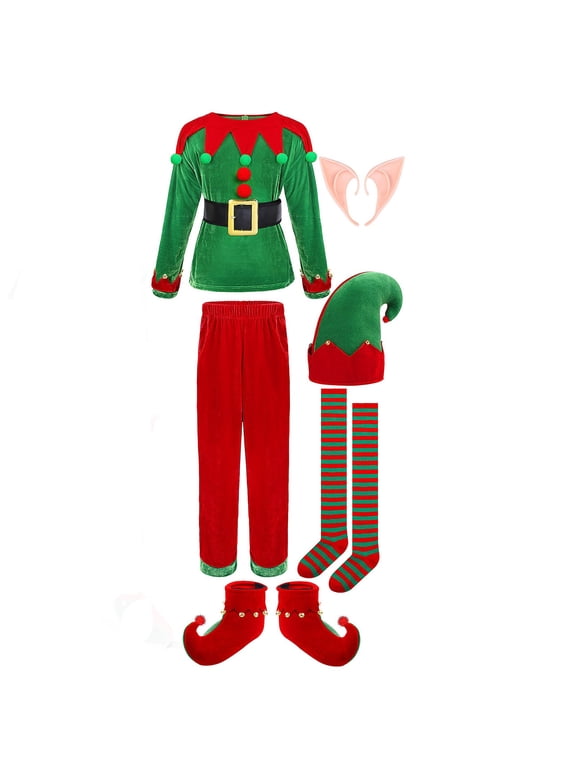 Cute Christmas Elf Outfit for Kids Boys Velvet Xmas Long Sleeve Holiday Dress Up Santa's Helper Clothes with Socks Hat 1-12 Years(Green,9-12 Years)