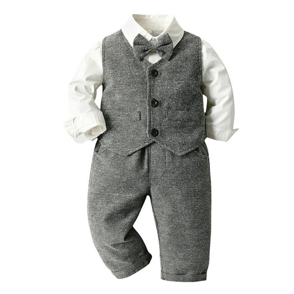 Otqutp Cute Clothes Set for Toddler Baby Boys 3Pcs Gentleman Suit Kids Formal Outfits Set Bowtie Long Sleeve Shirt Outwear Tops and Long Pants with Pocket(c-Grey,6-9 Months)