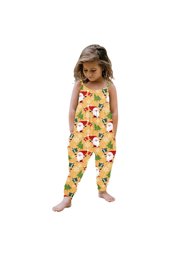 Toddler Fashion Clothes Set Toddler Girls Christmas Sleeveless Fashion Prints Romper Crewneck Jumpsuit with Pocket Clothes(Yellow,18-24 Months)