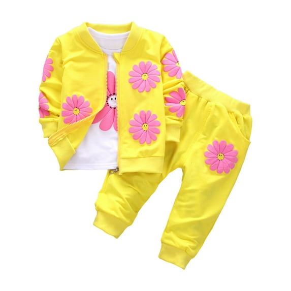 Otqutp Cute Clothes Set for Toddler Girls Long Sleeve Fashion Flower Print T Shirt Top Long Pants Coat Set Three Pieces Outfits Set for 0 To 5 Years(Yellow-1,6-12 Months)