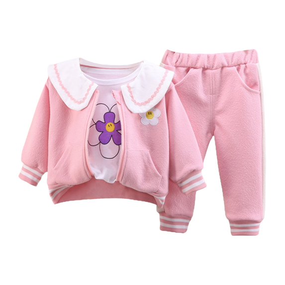 Otqutp Cute Clothes Set for Toddler Girls Long Sleeve Fashion Flower Print T Shirt Top Long Pants Coat Set Three Pieces Outfits Set for 0 To 5 Years(Pink-2,6-12 Months)