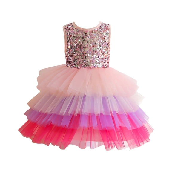 Otqutp Cute Toddler Girls Dress Kids Toddler Baby Girls Spring Summer Print Ruffle Sleeveless Show Lace Tulle Party Princess Dresses for 2-8 Years(Pink,5-6 Years)