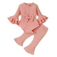 thumbnail image 1 of Otqutp Cute&nbsp;Kids&nbsp;Outfits for Girls Long Sleeve Ribbed Bowknot Romper Bodysuit Ruffles Bell Bottoms Pants Outfits Christmas Gifts 0-12 Months, 1 of 7