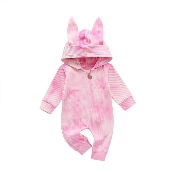 Otqutp Easter Girls Long Sleeve Bodysuits Baby Boys Girls Cute Easter Outfit Bunny Ear Hoodie Romper Long Sleeve Jumpsuit Spring Fall Outwear(B-Pink,6-12 Months)