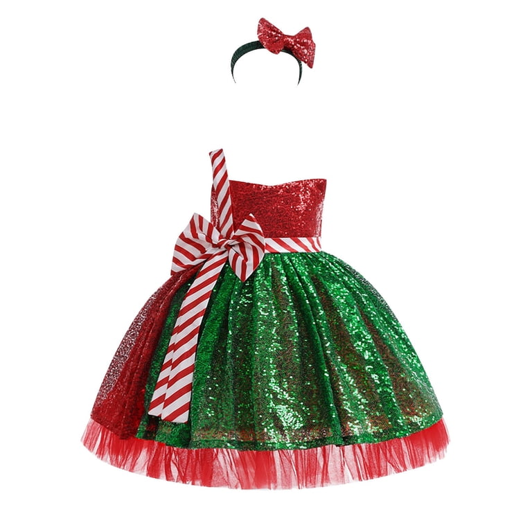 Otqutp Elastic Waist Outfits Set for Toddler Girls Sequin Christmas Dress Bow Red and Green Princess Dress Birthday Party Performance Dress(A,5-6