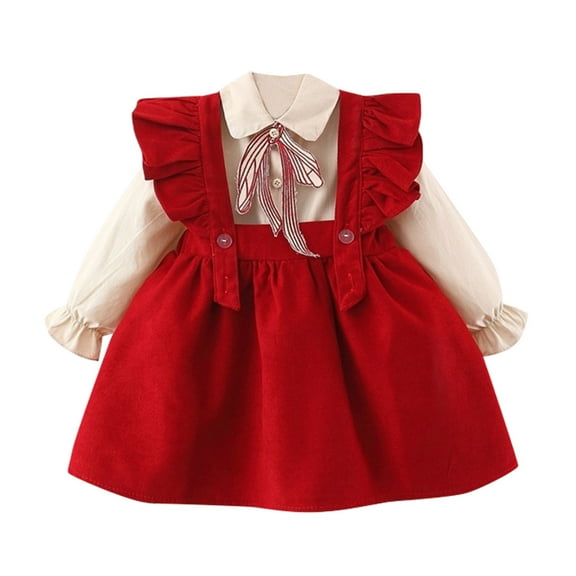 Otqutp Fall Winter Kids Bodysuits for Kids Baby Girls Long Ruffled Sleeve Bowknot Shirt Blouse Top Patchwork Suspender Skirt Outfits Set 2PCS Clothes