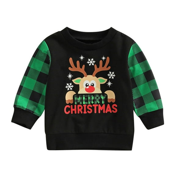 Otqutp Fashion Outfits Set for Baby Spring Boys Girls Christmas Long Sleeve Plaid Cute Deer Prints Pullover Sweatshirt Tops for 0-3 Years(Green,3-6 Months)