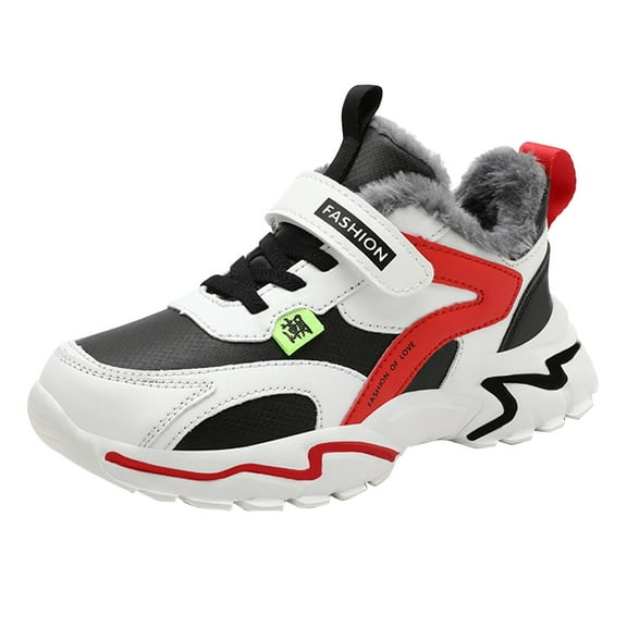 Otqutp Fashion Sneakers for Boys' Spring Autumn and Winter Leather and Cotton Warm Adjustable Shoelaces Casual Sports Shoes for Middle and Large Children(Red,4.5-5 Years)