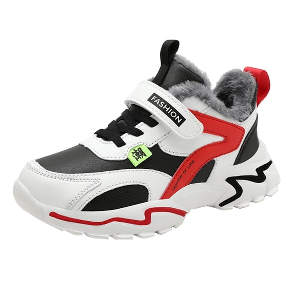 Otqutp Fashion Sneakers for Boys' Spring Autumn and Winter Leather and Cotton Warm Adjustable Shoelaces Casual Sports Shoes for Middle and Large Children(Red,7-8 Years)
