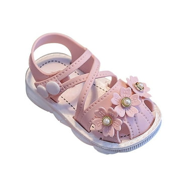 Otqutp Flat Sole Footwear for Toddler Girls Pearl Flowers Wrapped Head Non Slip Soft Bottom Buckle Walking Shoes Summer Closed Toe Sandals