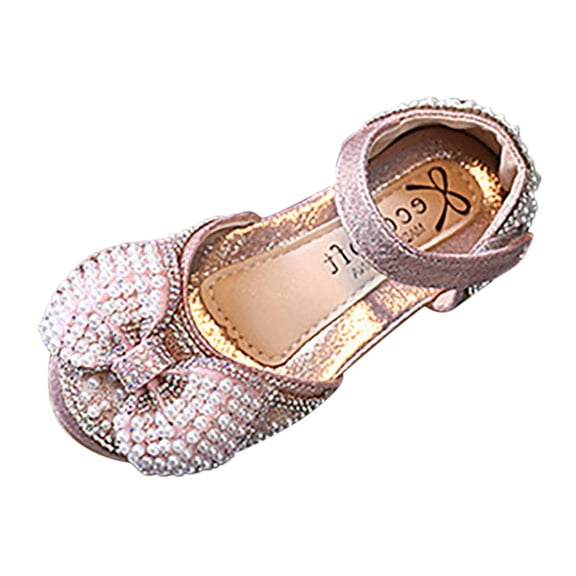Otqutp Formal Flower Girls Footwear Fashion Spring and Summer Children Dance Shoes Girls Dress Performance Princess Shoes Flat Bottom Round Toe Pearl Bow Hook Loop Shoes