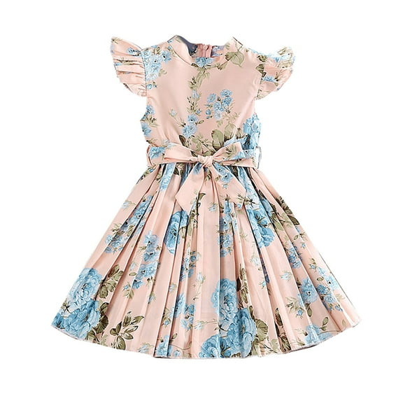 Otqutp Girl's Casual Dress Kids Girls Summer Flower Print Neck Sleeveless Ruffle Dresses Flowy Print Plain Cute Double Layer Pleated Dress(Red-C,3-4 Years)