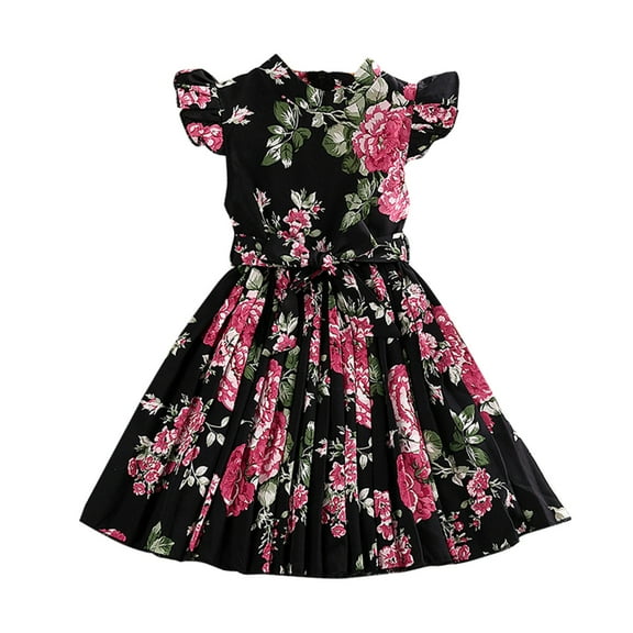 Otqutp Girl's Casual Dress Kids Girls Summer Flower Print Neck Sleeveless Ruffle Dresses Flowy Print Plain Cute Double Layer Pleated Dress(Black-C,3-4 Years)