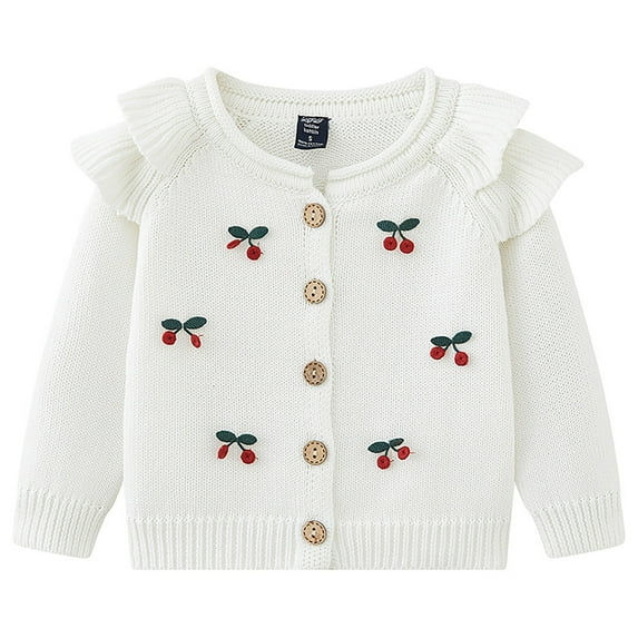 Otqutp Girl's Cherry Embroidery Knit Cardigan Toddler Cardigan Sweater Little Girls Button Knit Sweatshirts 1-6 Years Kids Christmas Long Sleeve Jumper(White,3-4 Years)