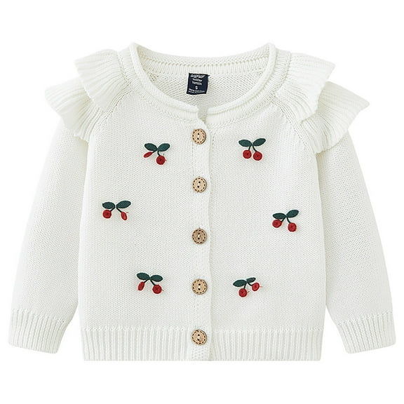 Otqutp Girl's Cherry Embroidery Knit Cardigan Toddler Cardigan Sweater Little Girls Button Knit Sweatshirts 1-6 Years Kids Christmas Long Sleeve Jumper(White,9-12 Months)