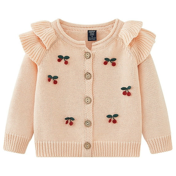 Otqutp Girl's Cherry Embroidery Knit Cardigan kids Baby Button Sweater Toddler Girls Long Sleeve Cardigan Sweater Embroidered Knit Sweater 1-6 Years(Pink,4-5 Years)