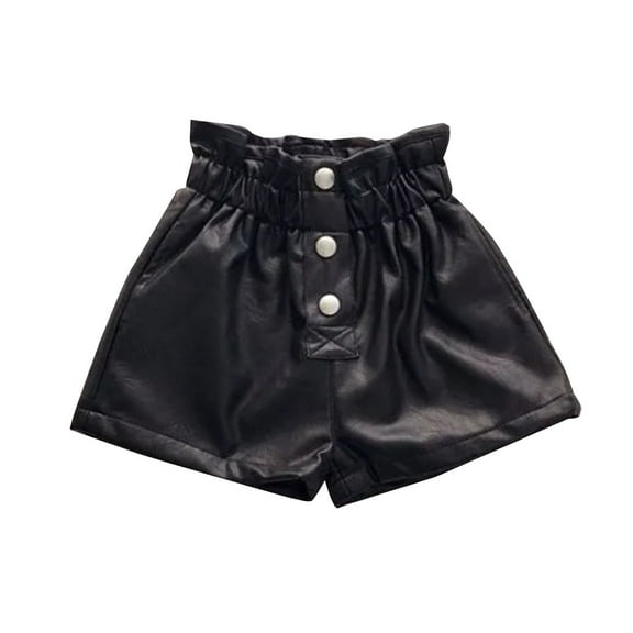 Otqutp Girl's Leather Shorts Casual Elastic Waist Button Front Wide Leg Shorts with Pocket Kids Solid PU Leather Bottoms