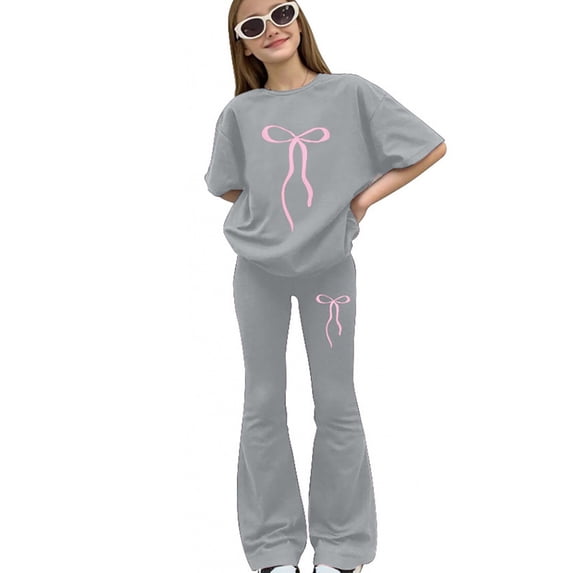 Otqutp Girls 2 Piece Casual Outfits Oversized Bow Knot Print Top Bell Bottoms Set for Teens Fashion Clothing Vacation Trendy Clothes