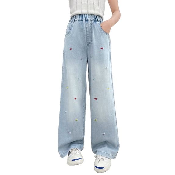 Otqutp Girls Baggy Jeans Elastic Wasit Wide Leg Denim Pants Cute Y2K Stretchy Jeans Kids Preppy Trendy Clothes Plus Size Joggers