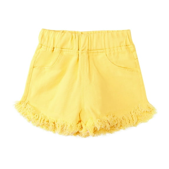 Otqutp Girls Big Kids Summer Solid Color Denim Outdoor Shorts Hot Pants Elastic Waist Straight Leg Denim Shorts with Pockets(a-Yellow,8-9 Years)