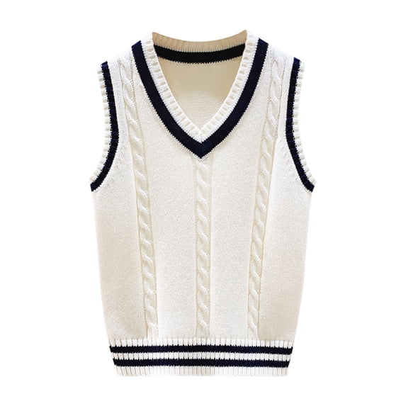 Otqutp Girls Cable Knit School Vest Striped Trim V Neck Sleeveless Gilet Autumn Toddler Kids Cotton Sweaters Waistcoat