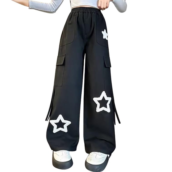 Otqutp Girls Cargo Pants Wide Leg Y2k Fashion Casual Sweatpants Baggy High Waist Trousers Cute Trendy Star Pants Teens Joggers