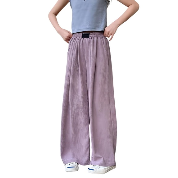 Otqutp Girls Casual Linen Pants High Waist Wide Leg Flowy Trousers Cute Pull On Jogger Sweatpants Trendy Beach Trousers Y2k Outfit
