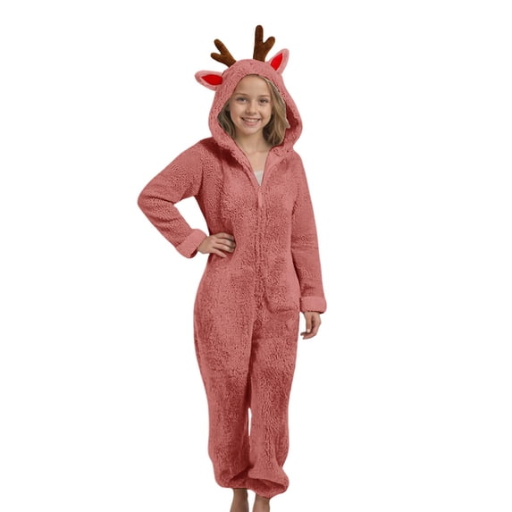 Otqutp Girls Christmas Fuzzy Jumpsuits Teen Kids Winter Warm Soft Fleece Onesie Plain Cute Hooded Front Zipper Bodysuit