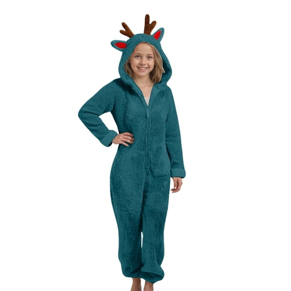 Otqutp Girls Christmas Fuzzy Jumpsuits Teen Kids Winter Warm Soft Fleece Onesie Plain Cute Hooded Front Zipper Bodysuit